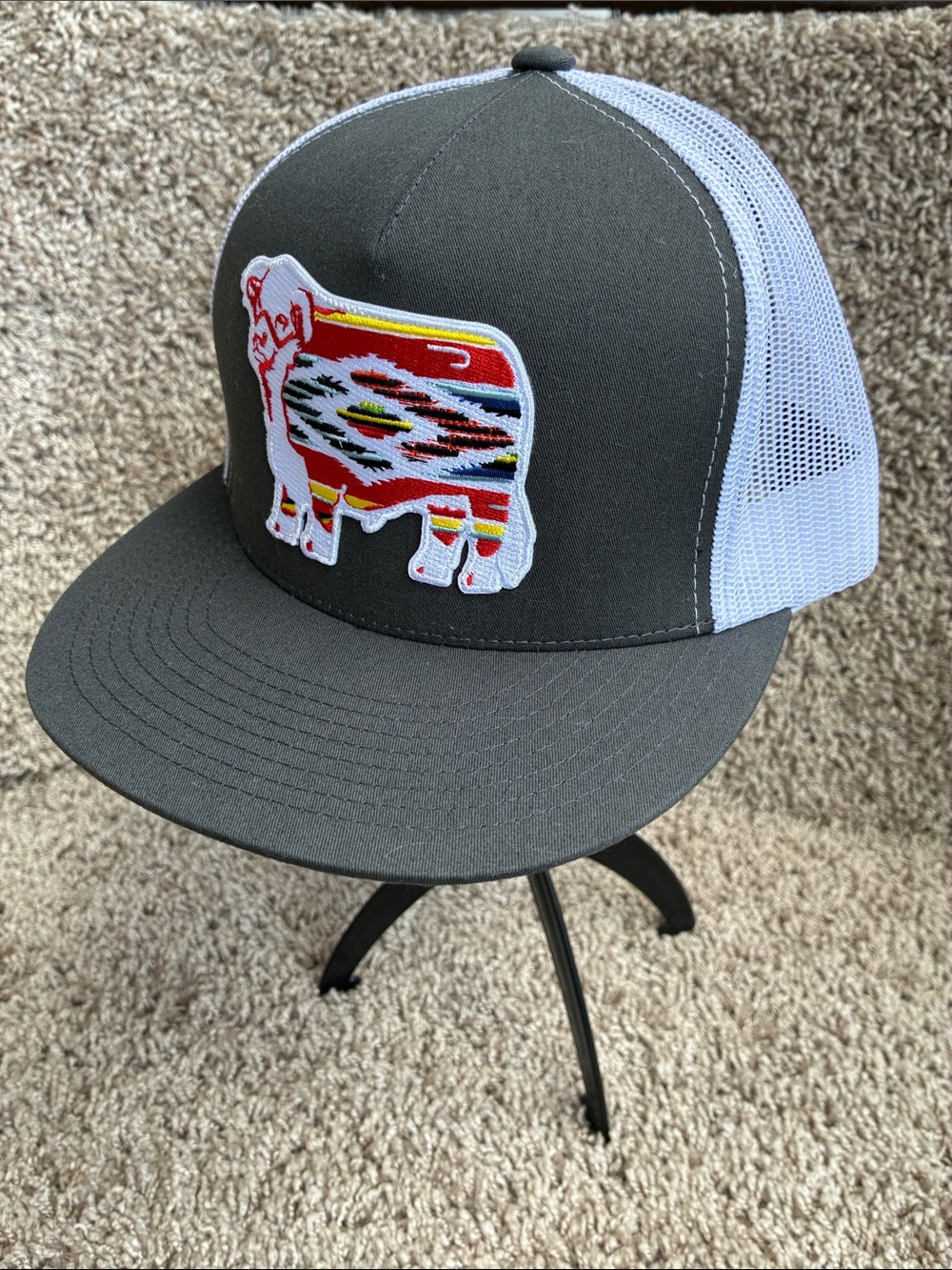 Serape Bull Classic Five Panel Charcoal Gray & White Snapback Trucker Cap